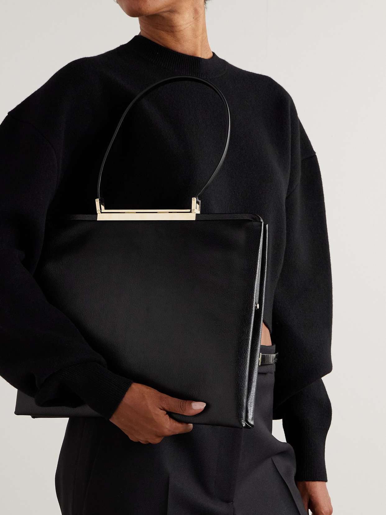 Tom Ford Rectangular Smooth Goat Leather Handbag With Polished Metallic Accent In Black