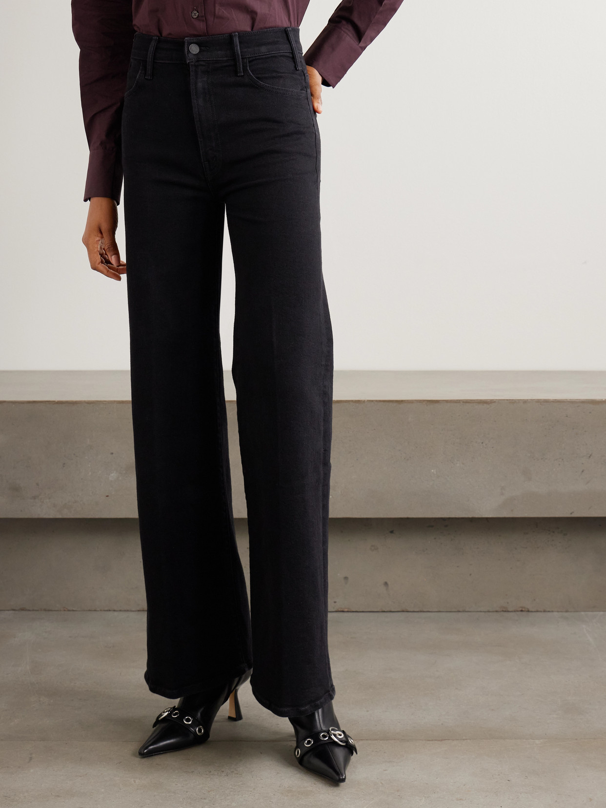 Mother The Hustler Roller Sneak High-rise Wide-leg Jeans In Black