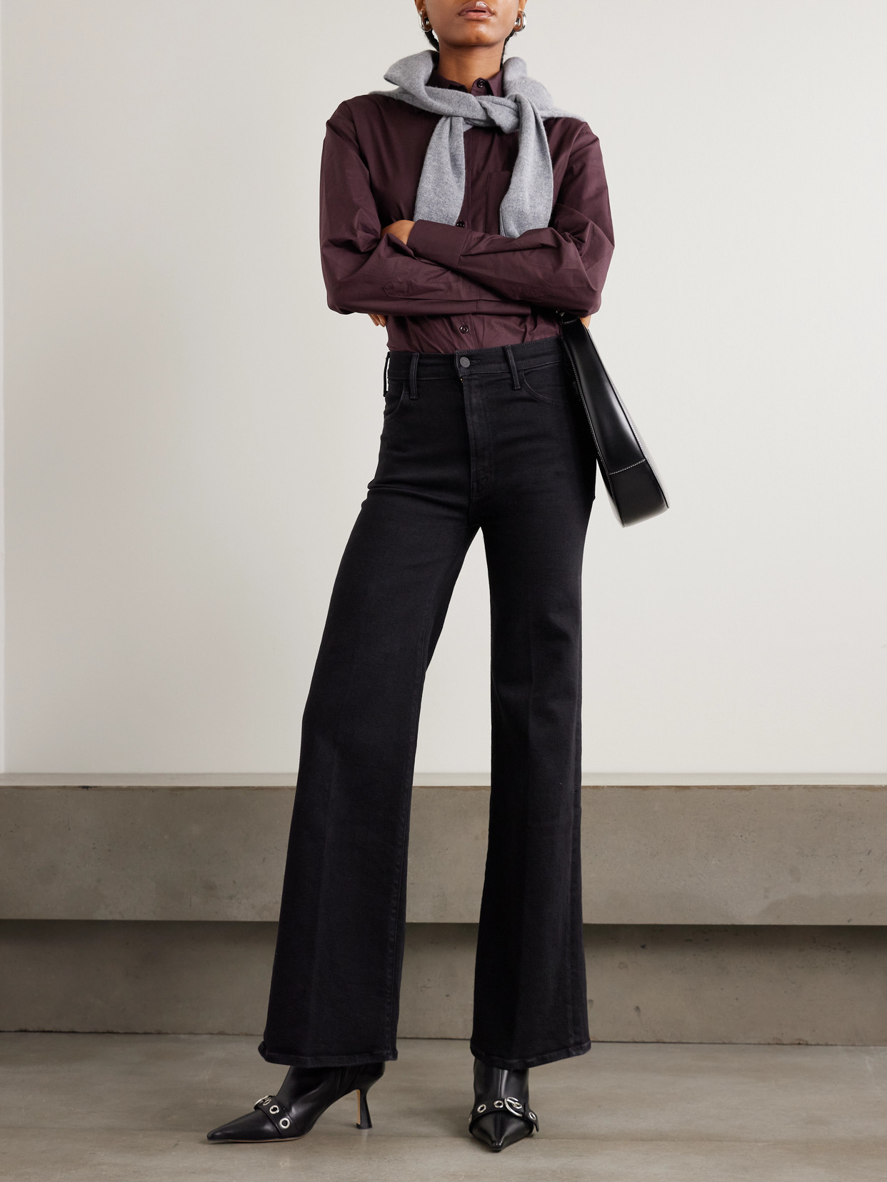 Mother The Hustler Roller Sneak High-rise Wide-leg Jeans In Black