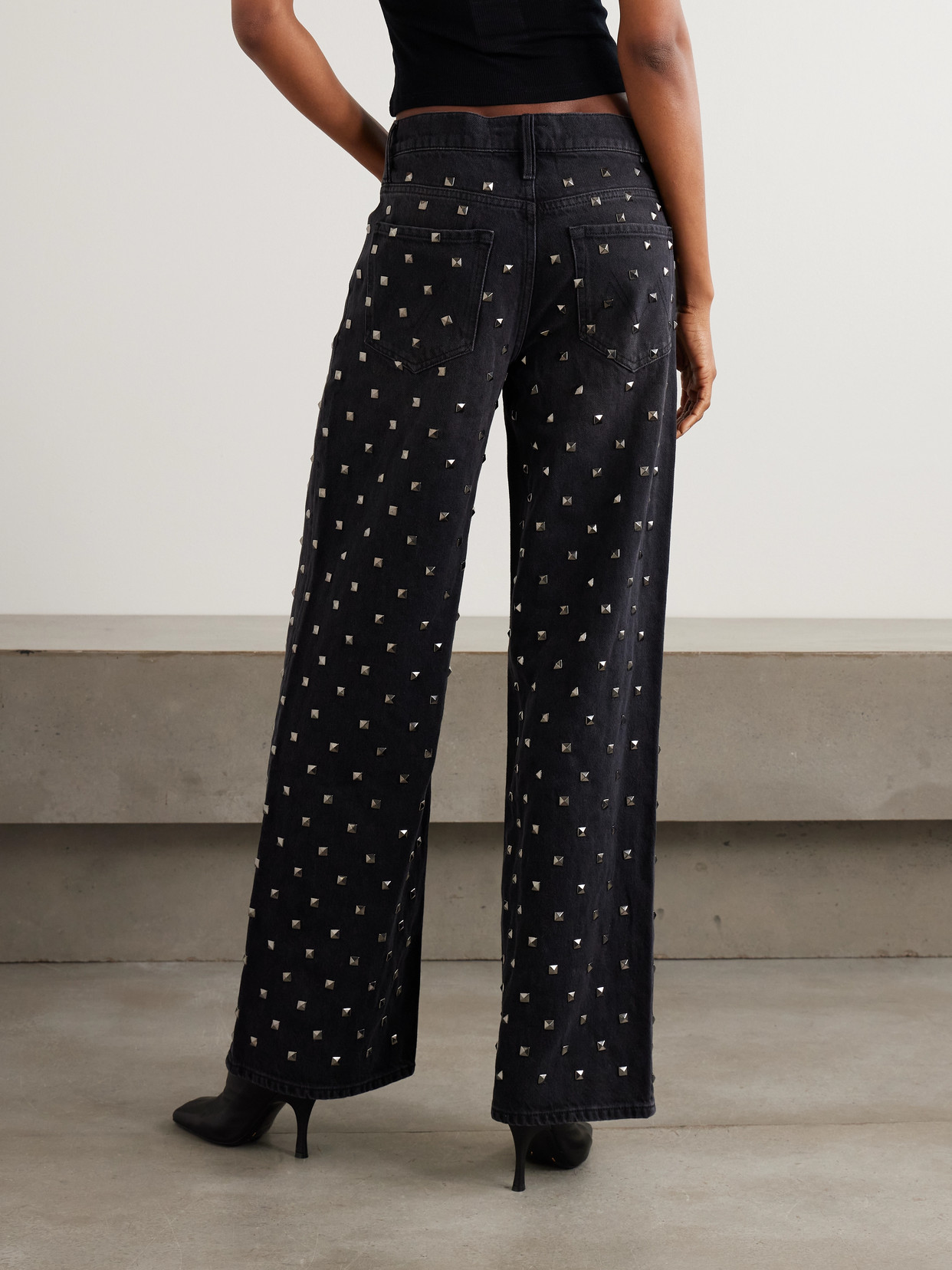 Mother The Smoothie Sneak Studded High-rise Wide-leg Recycled Jeans In Black