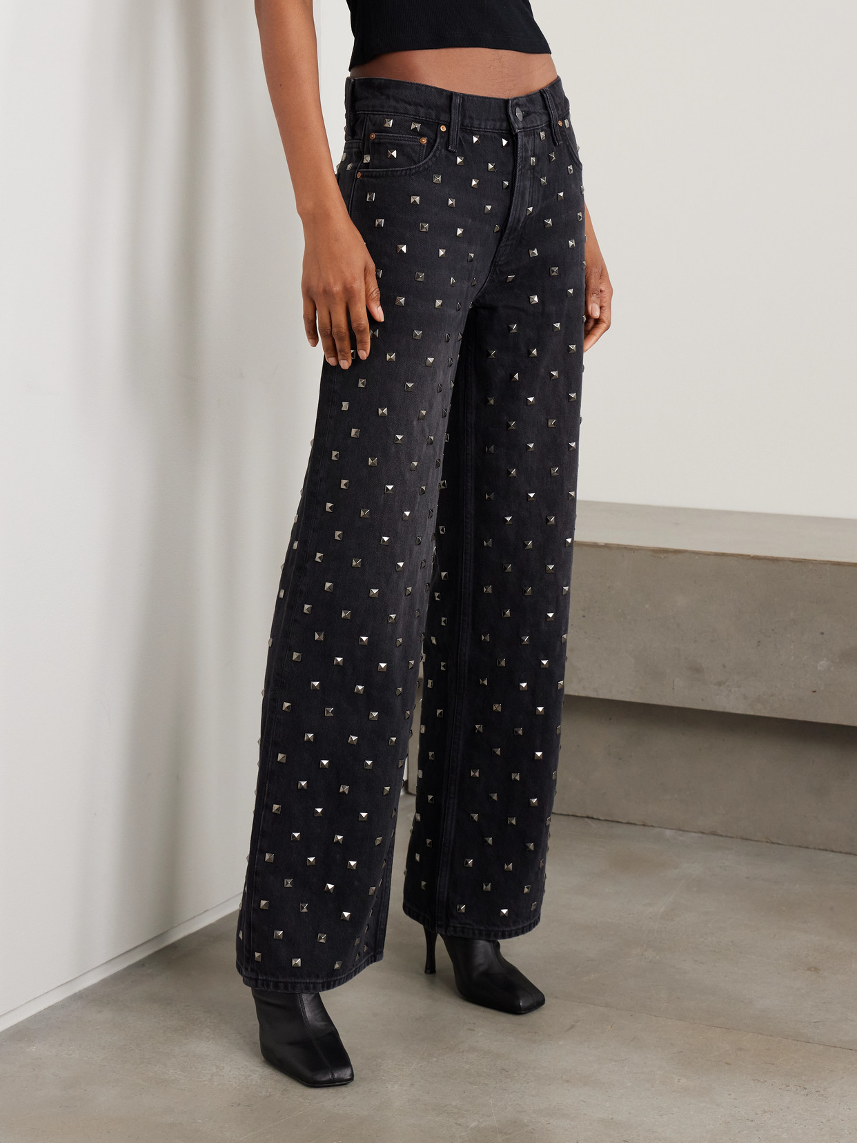 Mother The Smoothie Sneak Studded High-rise Wide-leg Recycled Jeans In Black