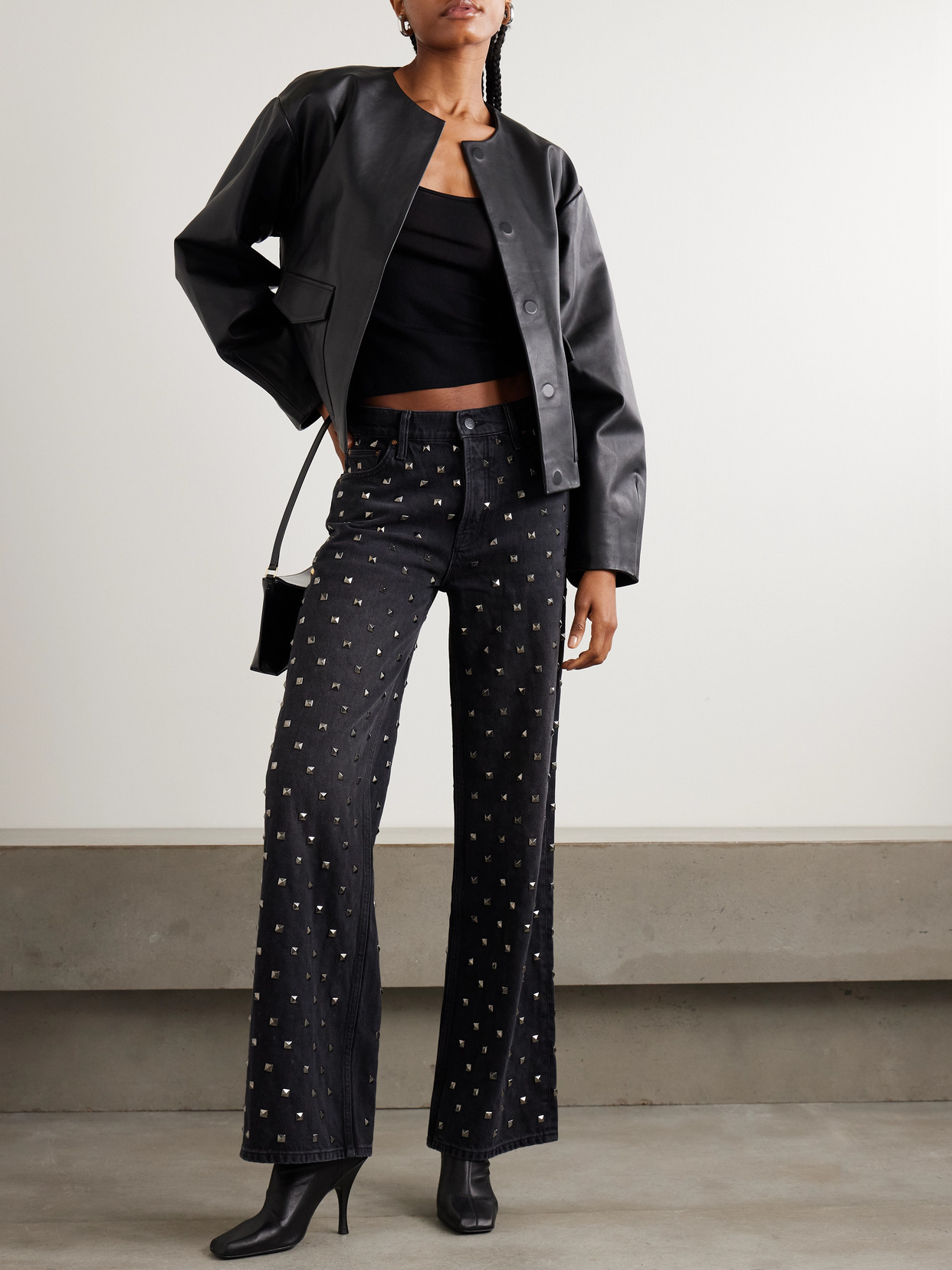 Mother The Smoothie Sneak Studded High-rise Wide-leg Recycled Jeans In Black