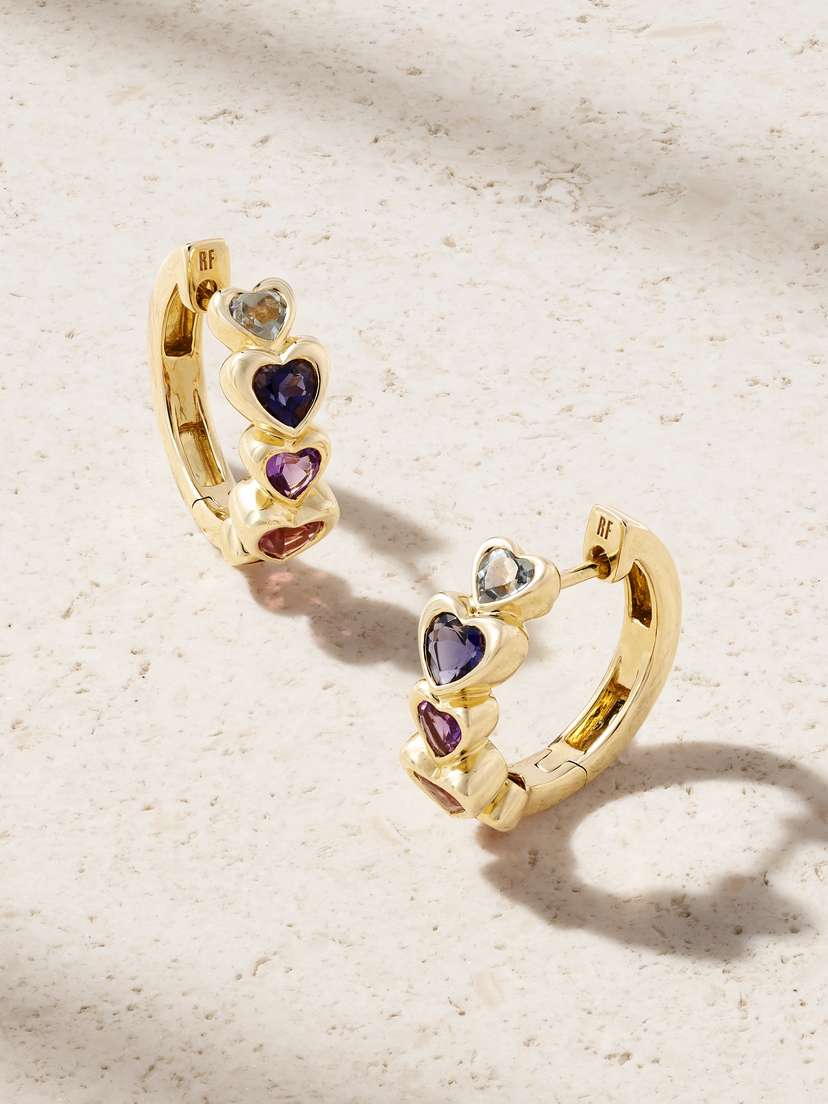 Roxanne First Heart Stack 14-karat Gold Multi-stone Hoop Earrings