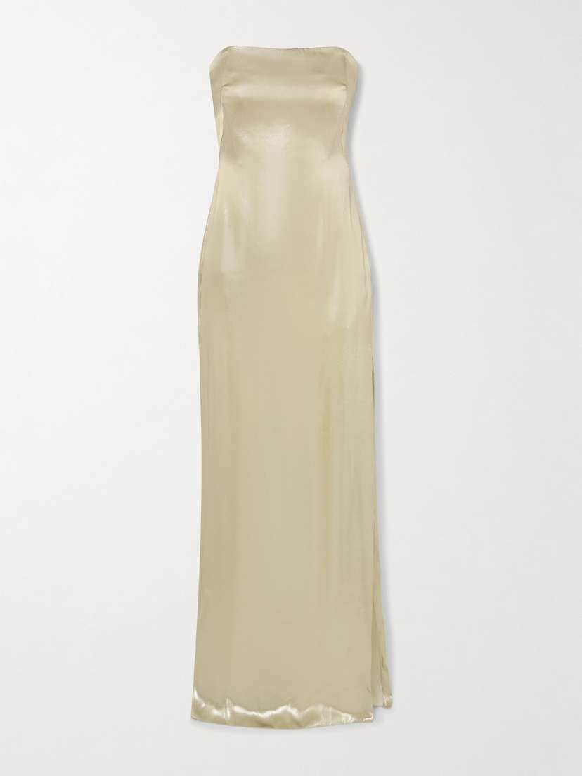 Galvan ized Strapless Metallic Satin Gown
