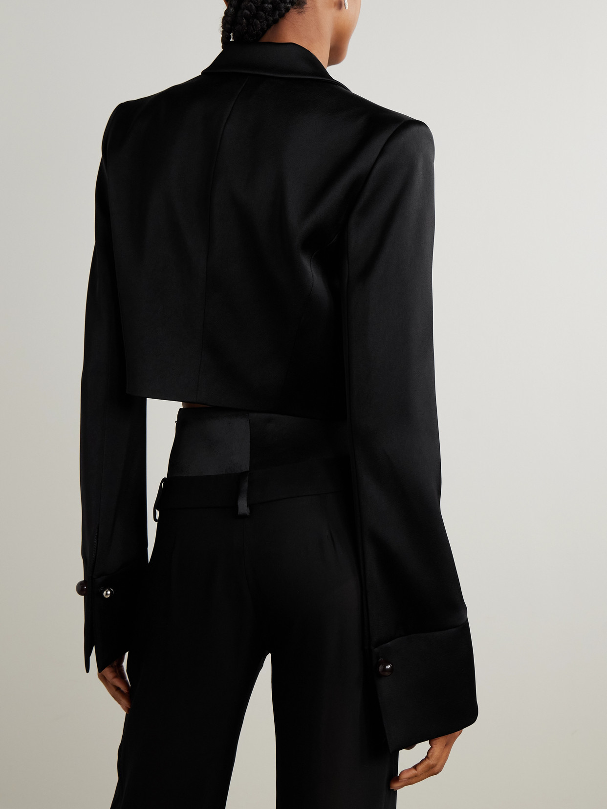 Galvan Strata Cropped Double-breasted Duchesse-satin Blazer In Black
