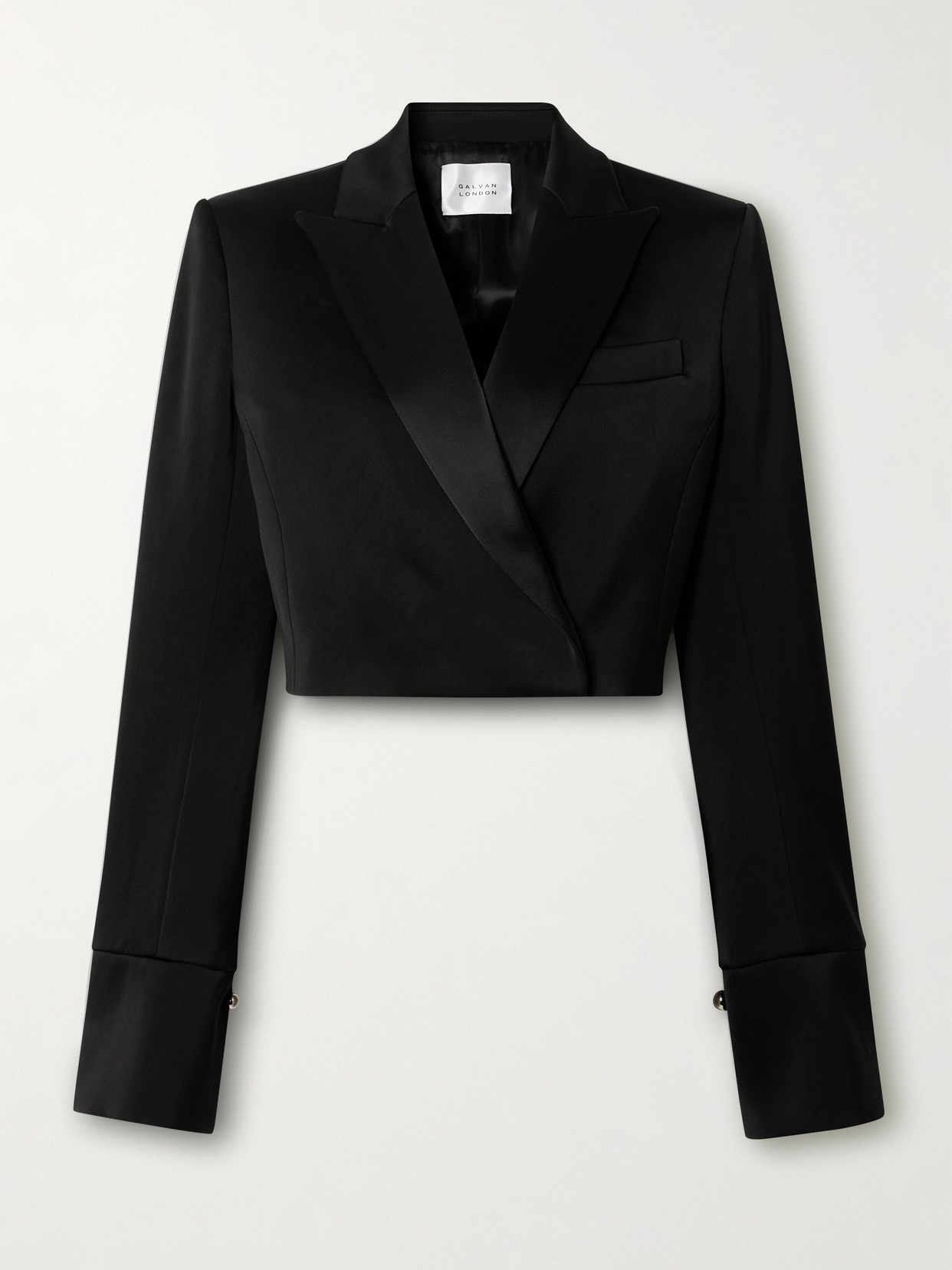 Galvan Strata Cropped Double-breasted Duchesse-satin Blazer In Black