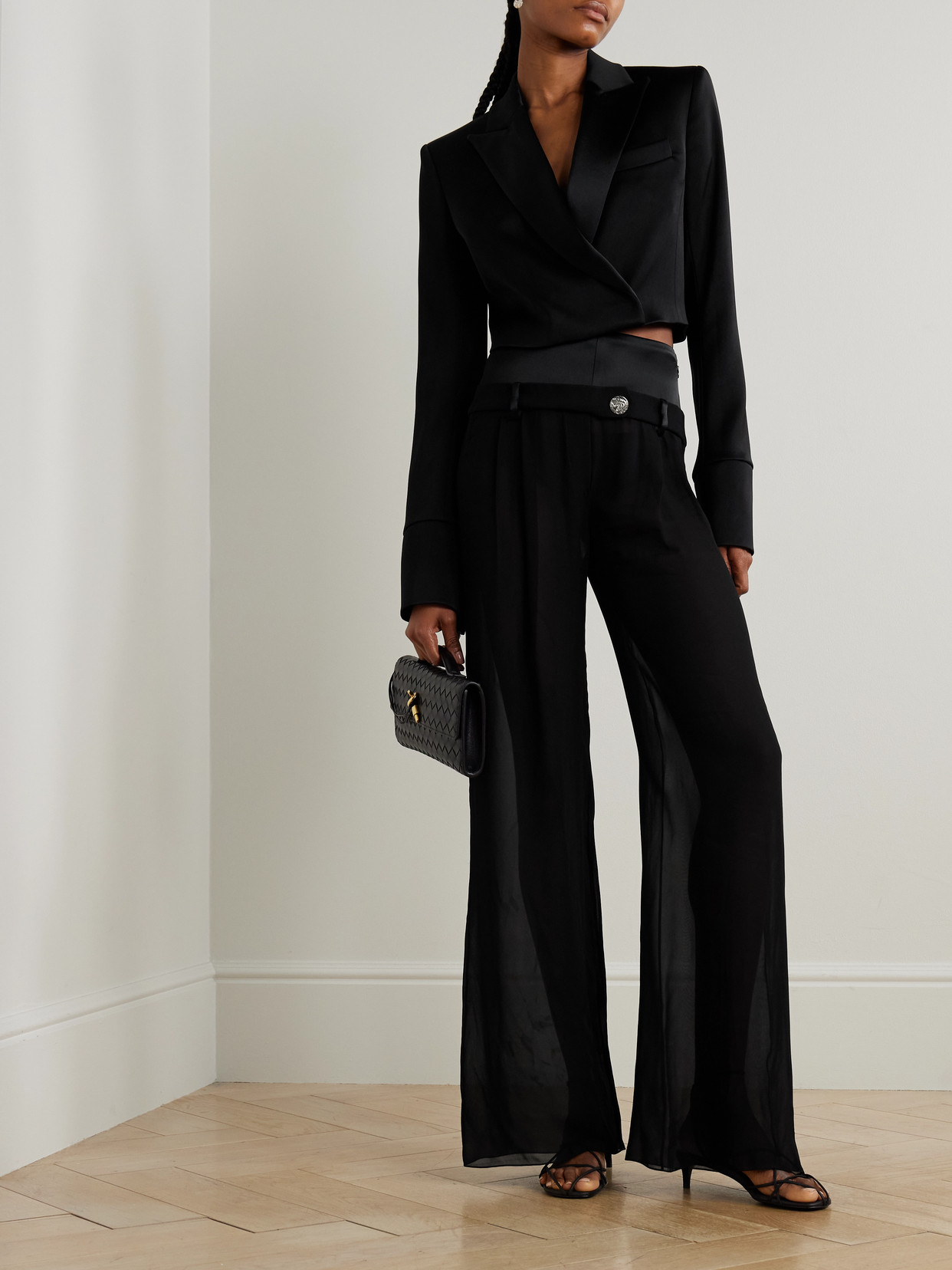Galvan Strata Cropped Double-breasted Duchesse-satin Blazer In Black