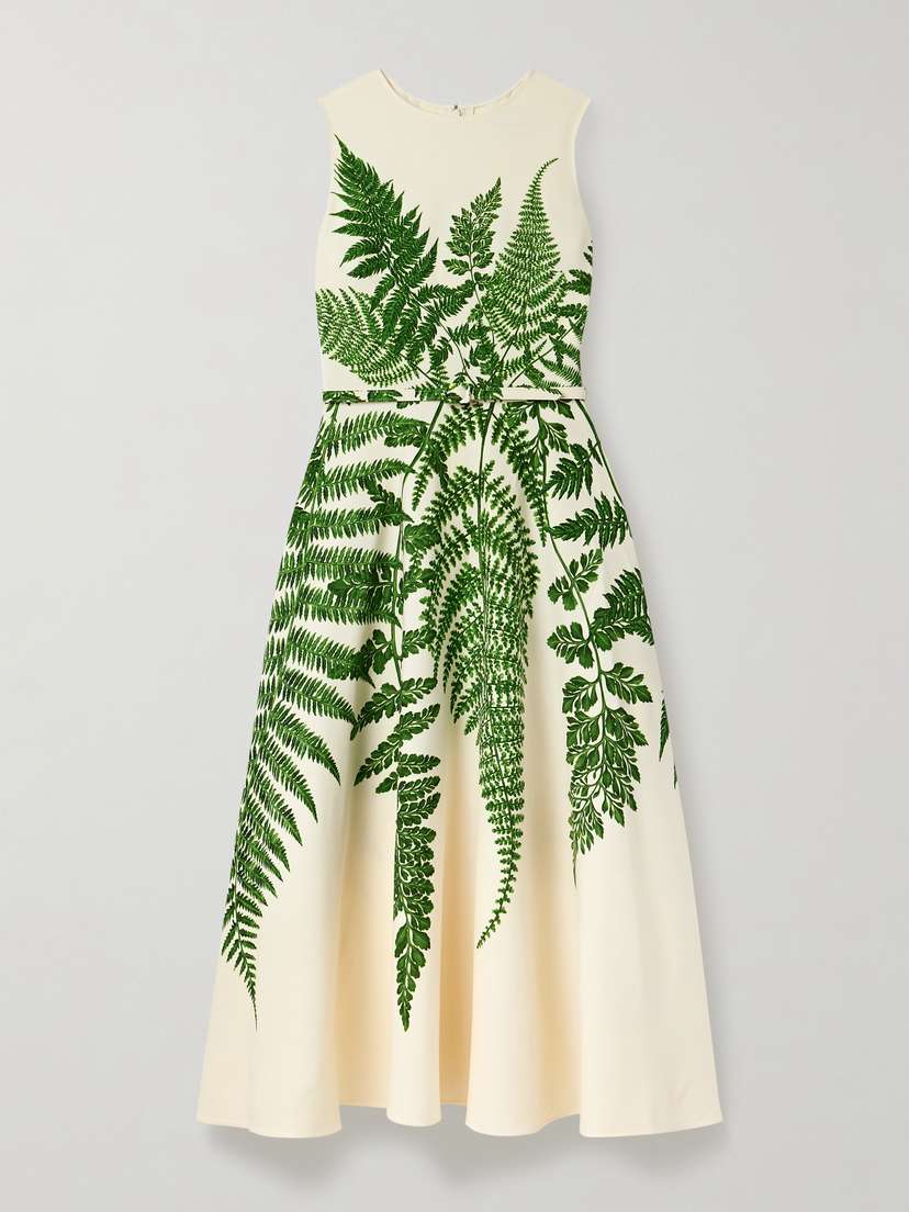 Oscar de la Renta Belted Printed Wool-blend Crepe Midi Dress