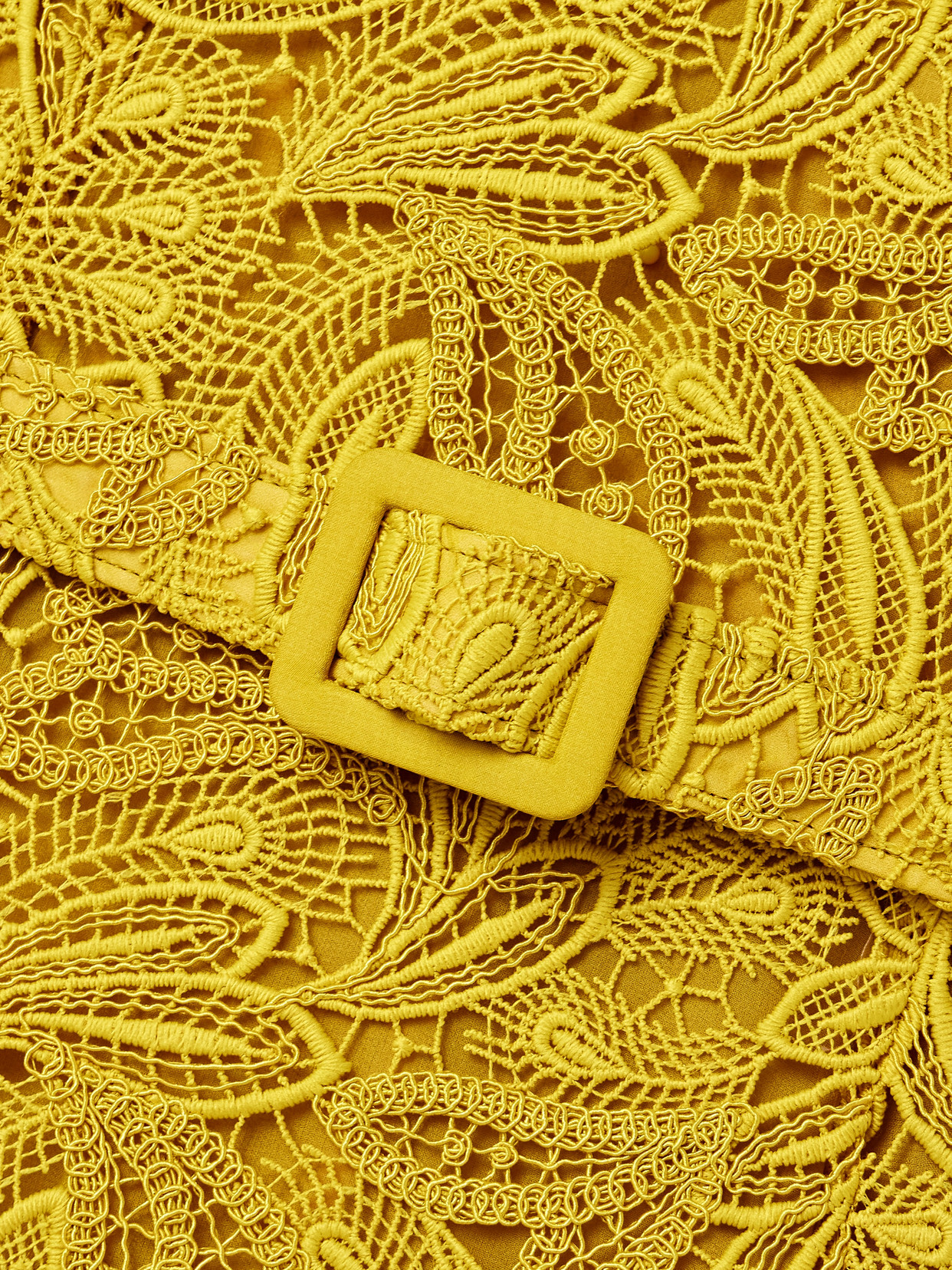 Oscar De La Renta Sleeveless Feather Scroll Guipure Midi Day Dress With Belt In Yellow