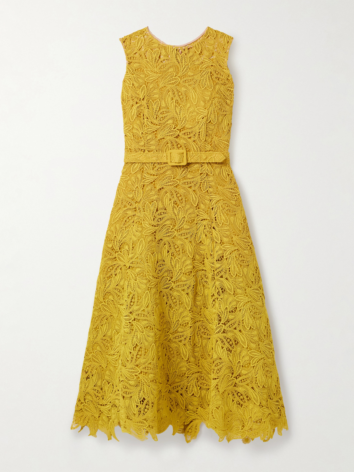Oscar De La Renta Belted Guipure Lace Midi Dress In Yellow