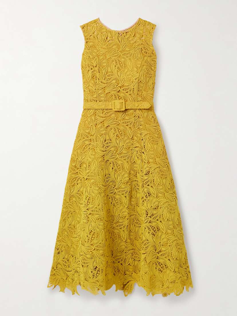Oscar de la Renta Belted Guipure Lace Midi Dress