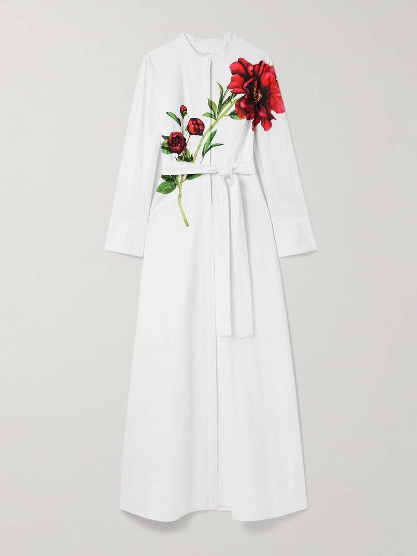 Oscar de la Renta Belted Floral-print Cotton-blend Poplin Maxi Shirt Dress