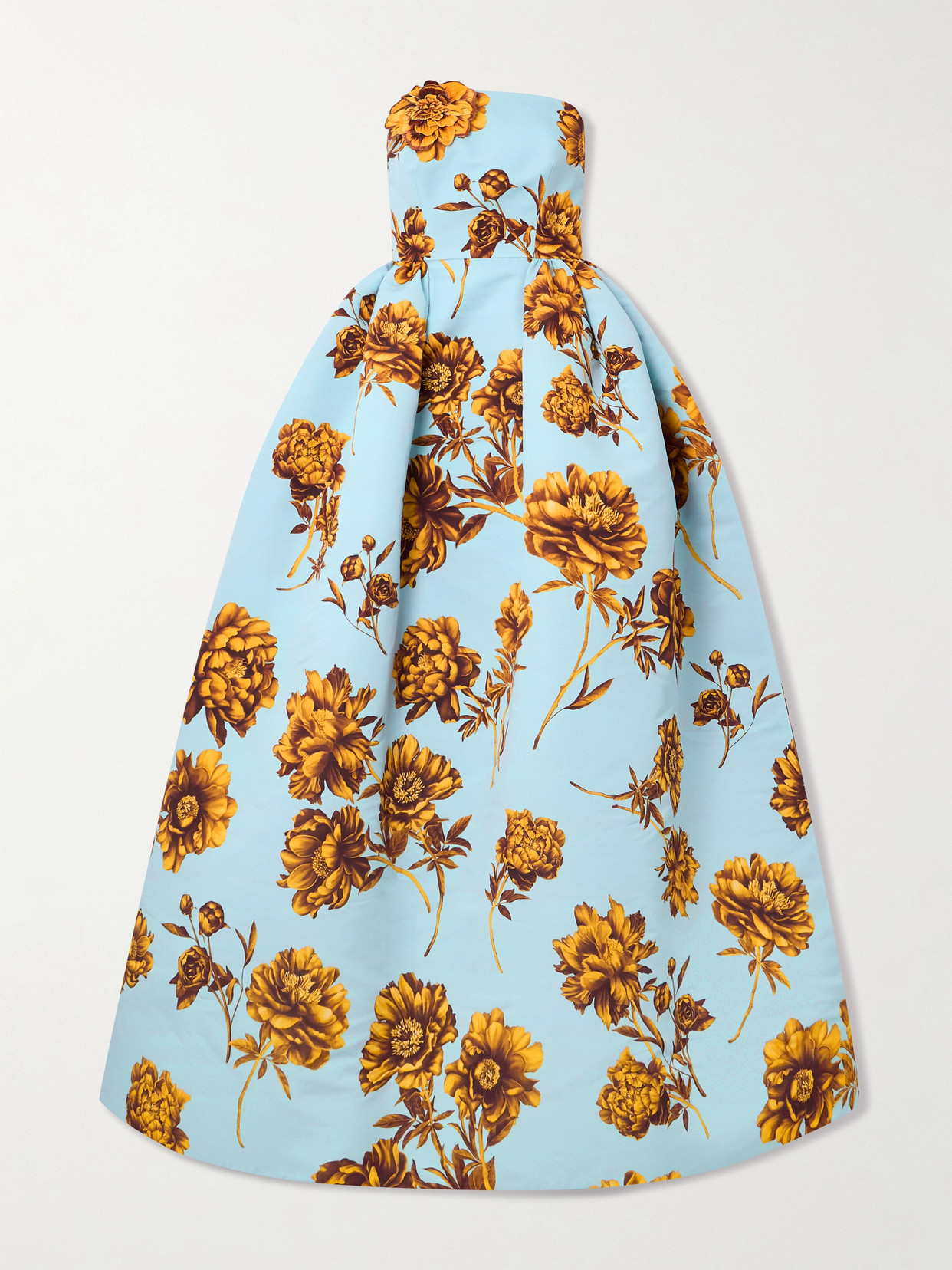 Oscar De La Renta Strapless Floral-print Faille Gown In Blue