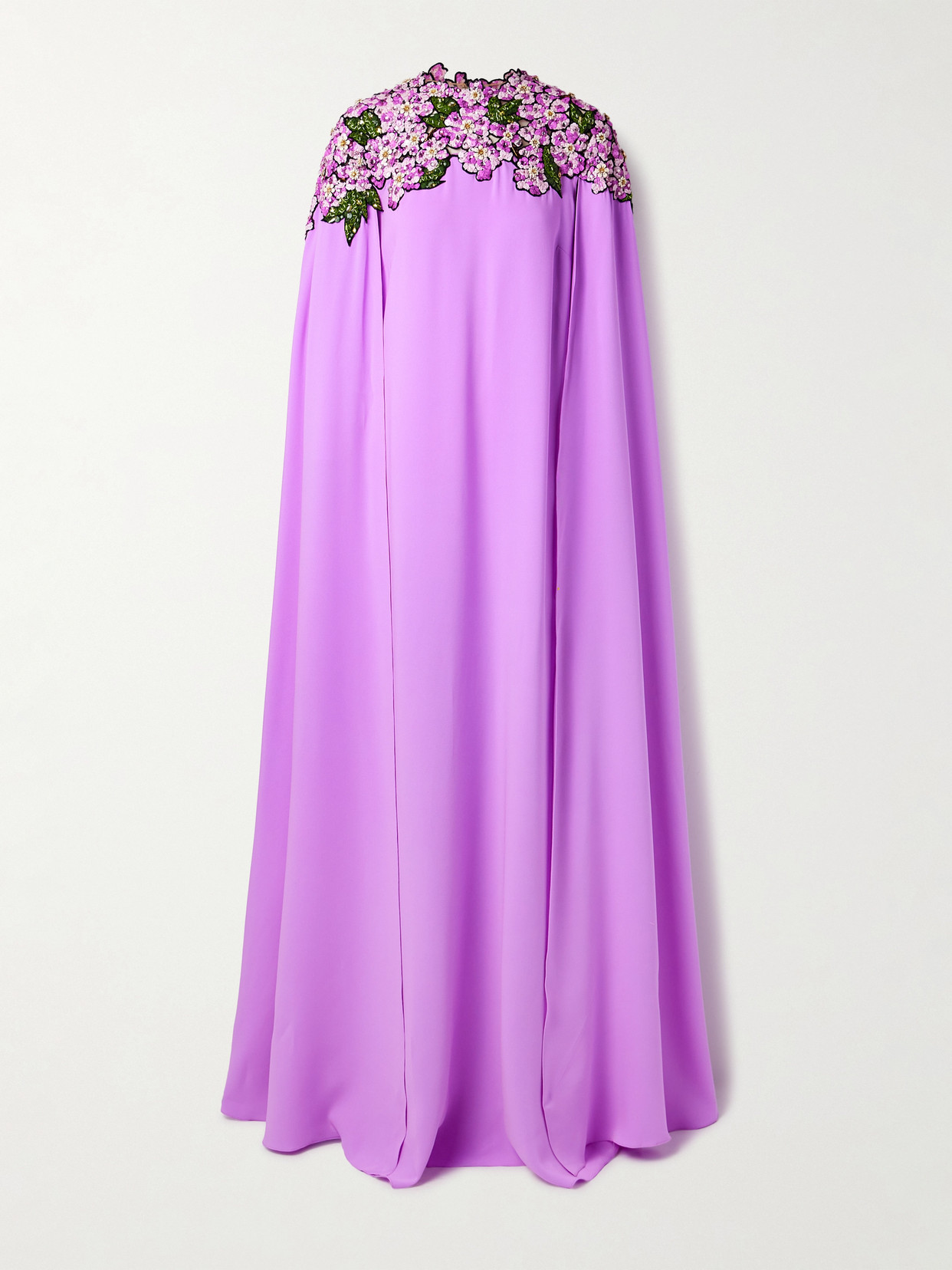 Oscar De La Renta Cape-effect Appliquéd Embellished Crepe Gown In Purple