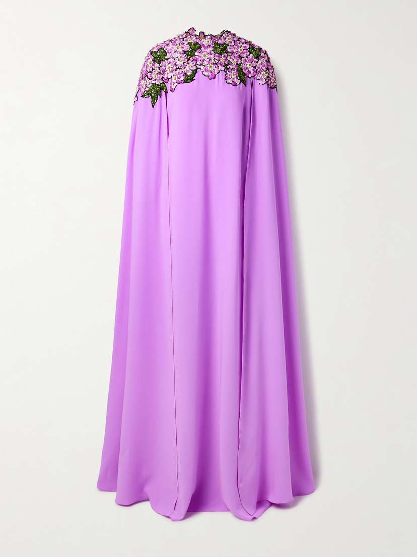 Oscar de la Renta Cape-effect Appliquéd Embellished Crepe Gown