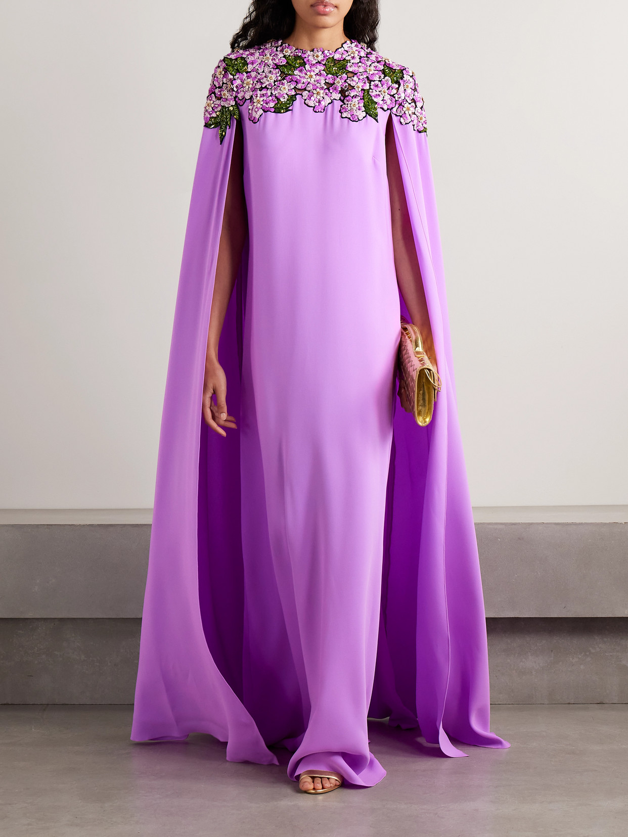 Oscar De La Renta Sequin-embellished Cape Gown In Purple
