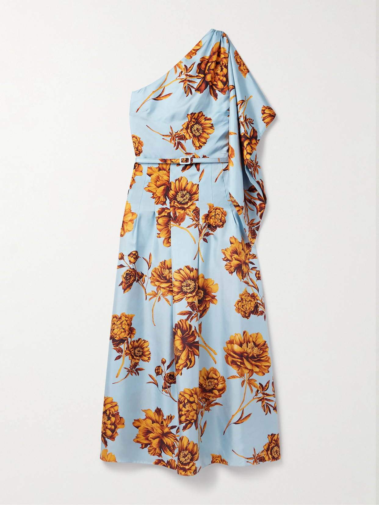 Oscar De La Renta One-shoulder Belted Draped Floral-print Silk-twill Midi Dress In Blue