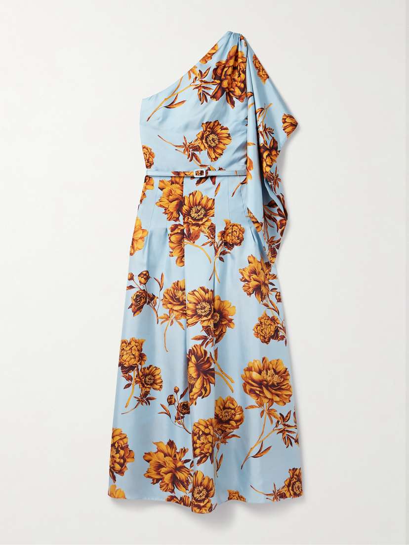 Oscar de la Renta One-shoulder Belted Draped Floral-print Silk-twill Midi Dress