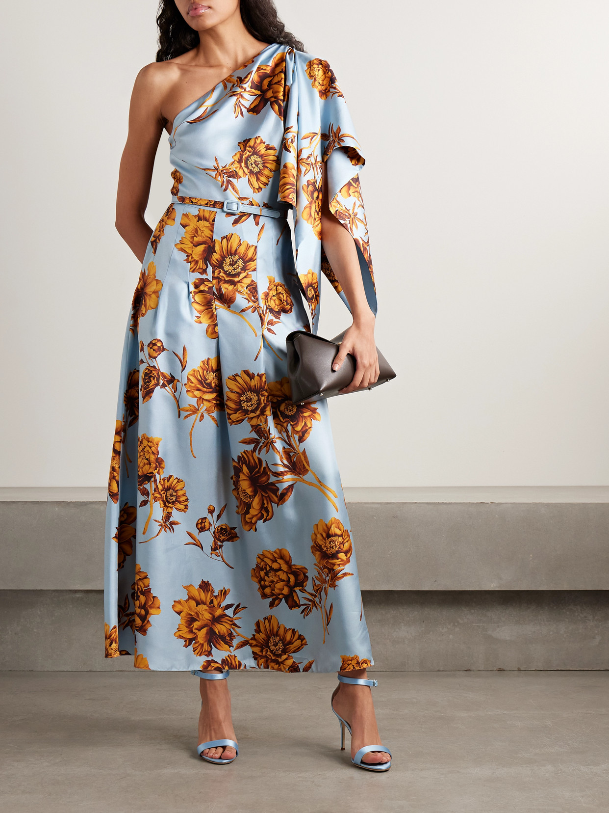 Oscar De La Renta One-shoulder Belted Draped Floral-print Silk-twill Midi Dress In Blue