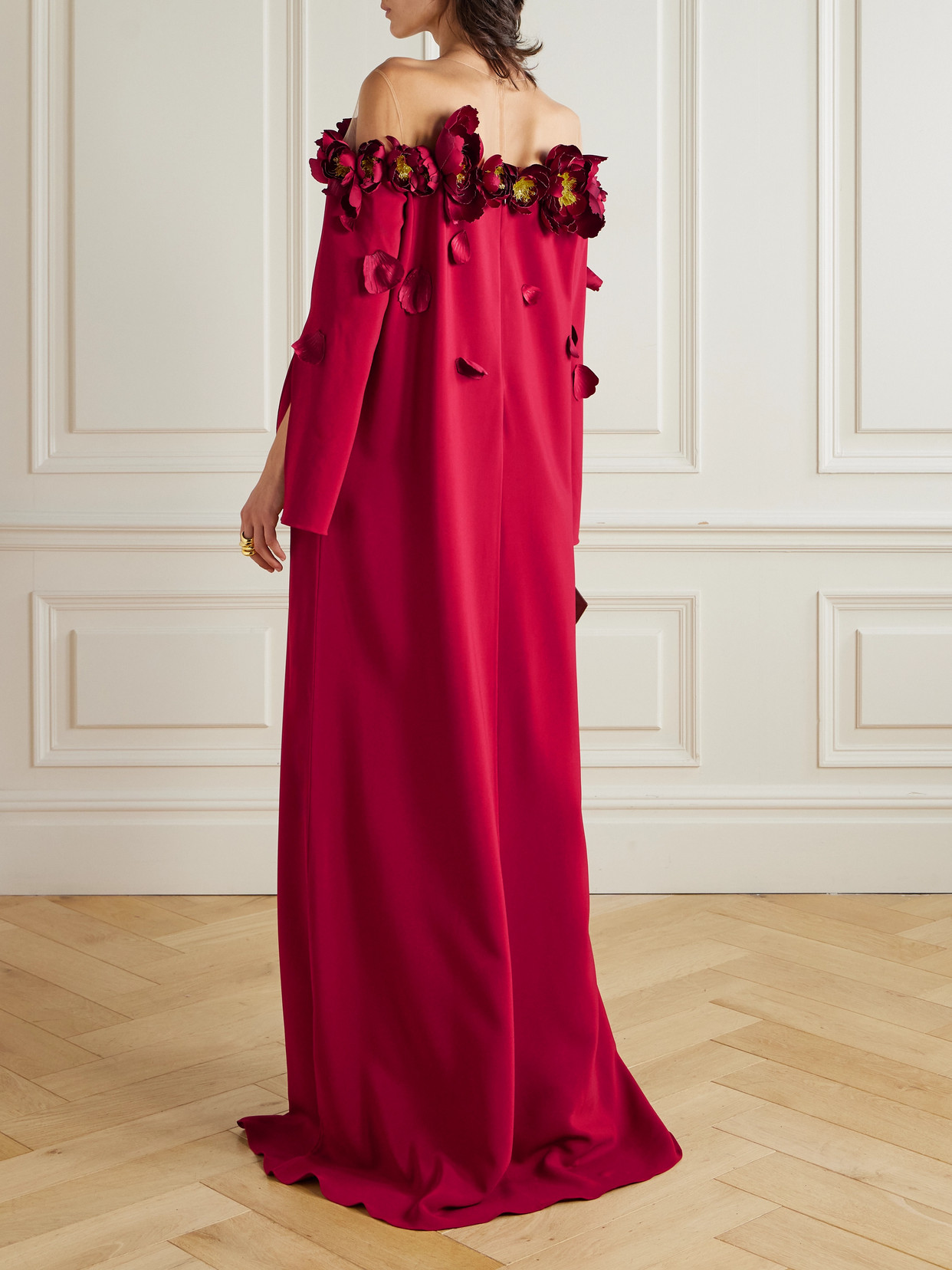 Oscar De La Renta Embellished Mesh-trimmed Crepe Gown In Red