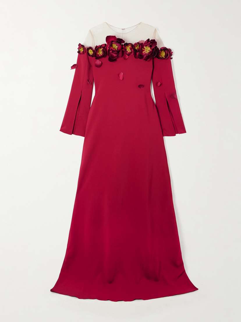 Oscar de la Renta Embellished Mesh-trimmed Crepe Gown