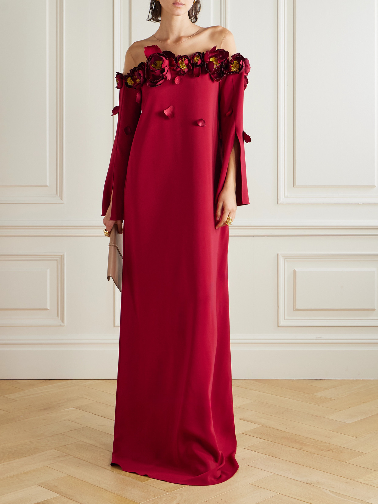 Oscar De La Renta Embellished Mesh-trimmed Crepe Gown In Red