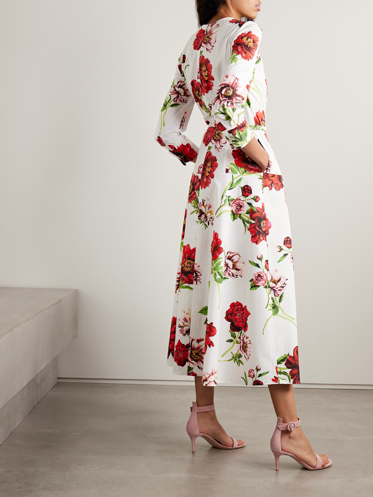 Oscar De La Renta Belted Floral-print Cotton-blend Poplin Midi Dress In Multi