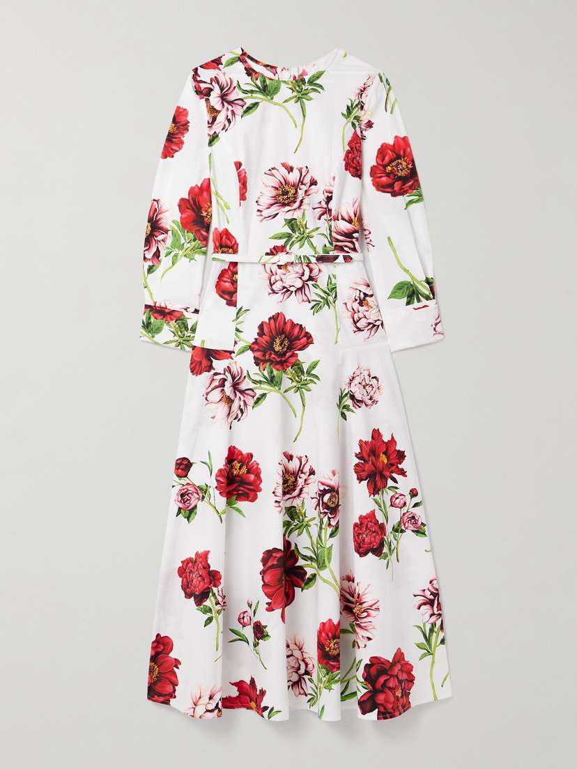 Oscar de la Renta Belted Floral-print Cotton-blend Poplin Midi Dress