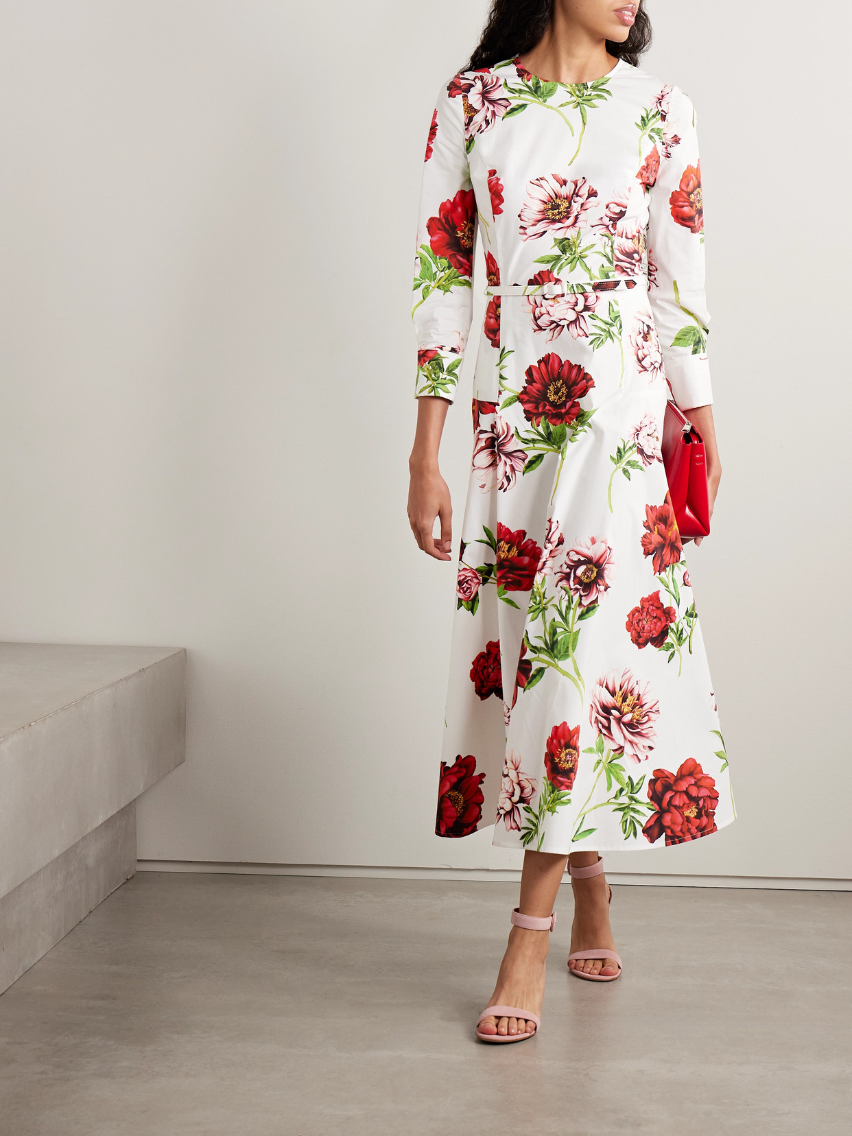 Oscar De La Renta Belted Floral-print Cotton-blend Poplin Midi Dress In Multi