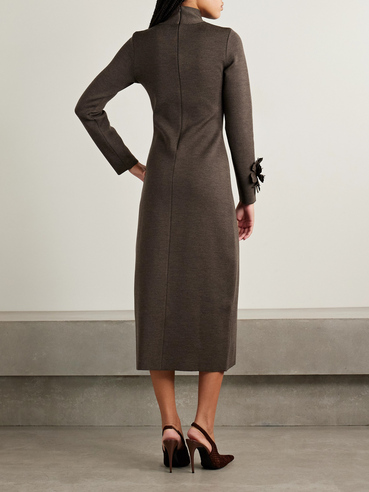 Oscar De La Renta Embellished Wool-blend Turtleneck Midi Dress In Brown