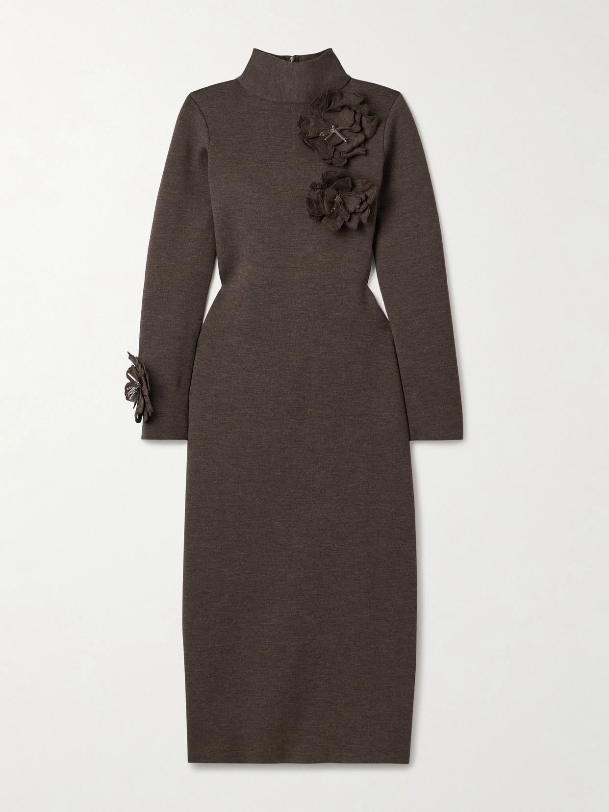 Oscar De La Renta Embellished Wool-blend Turtleneck Midi Dress In Brown