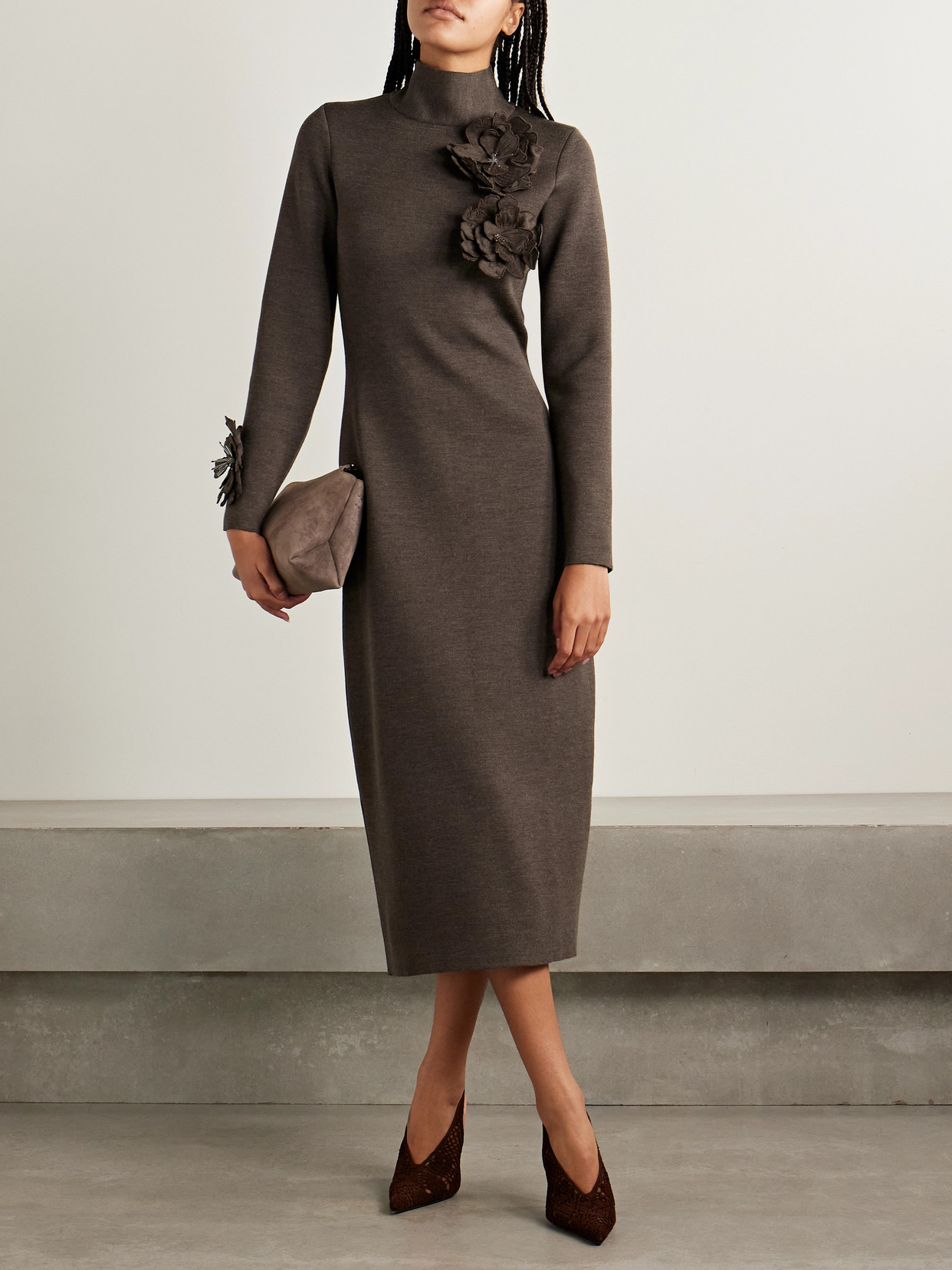 Oscar De La Renta Embellished Wool-blend Turtleneck Midi Dress In Brown