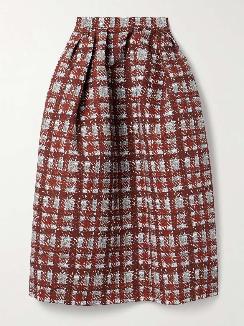 Oscar de la Renta Pleated Checked Faille Midi Skirt