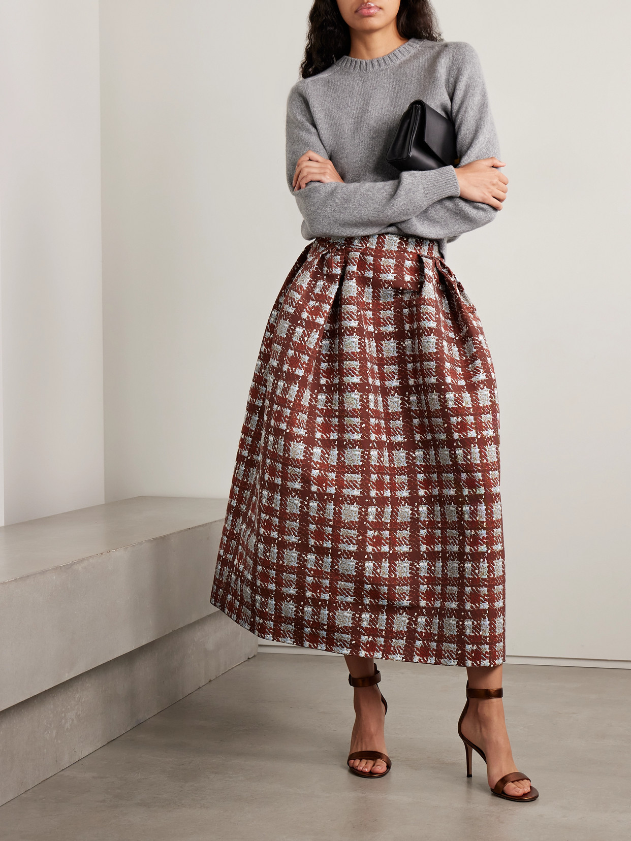 Oscar De La Renta Textured Plaid-print Pleated Midi Circle Skirt In Neutral