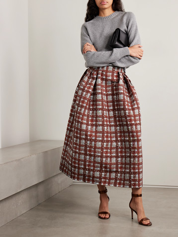 Oscar de la Renta Pleated checked faille midi skirt