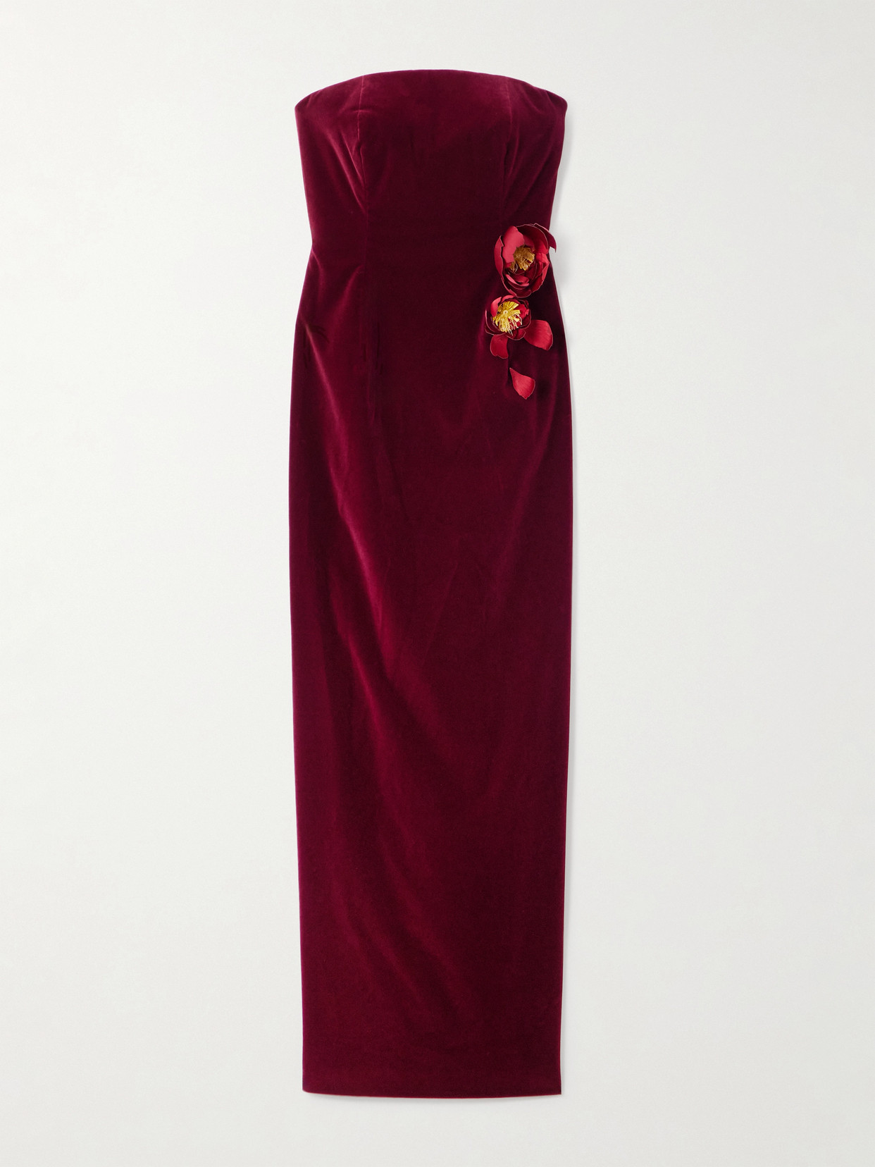 Oscar De La Renta Strapless Appliquéd Cotton-blend Velvet Gown In Red
