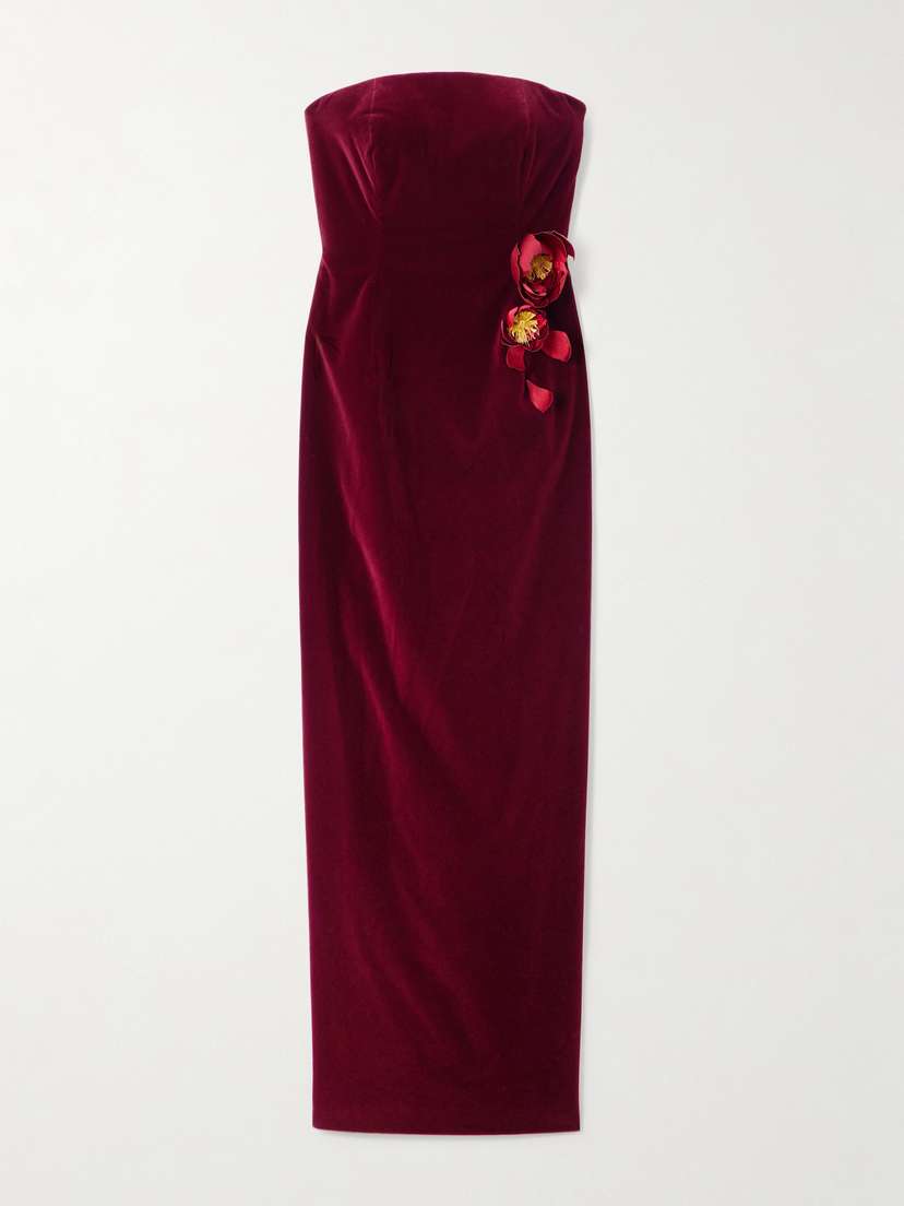 Oscar de la Renta Strapless Appliquéd Cotton-blend Velvet Gown