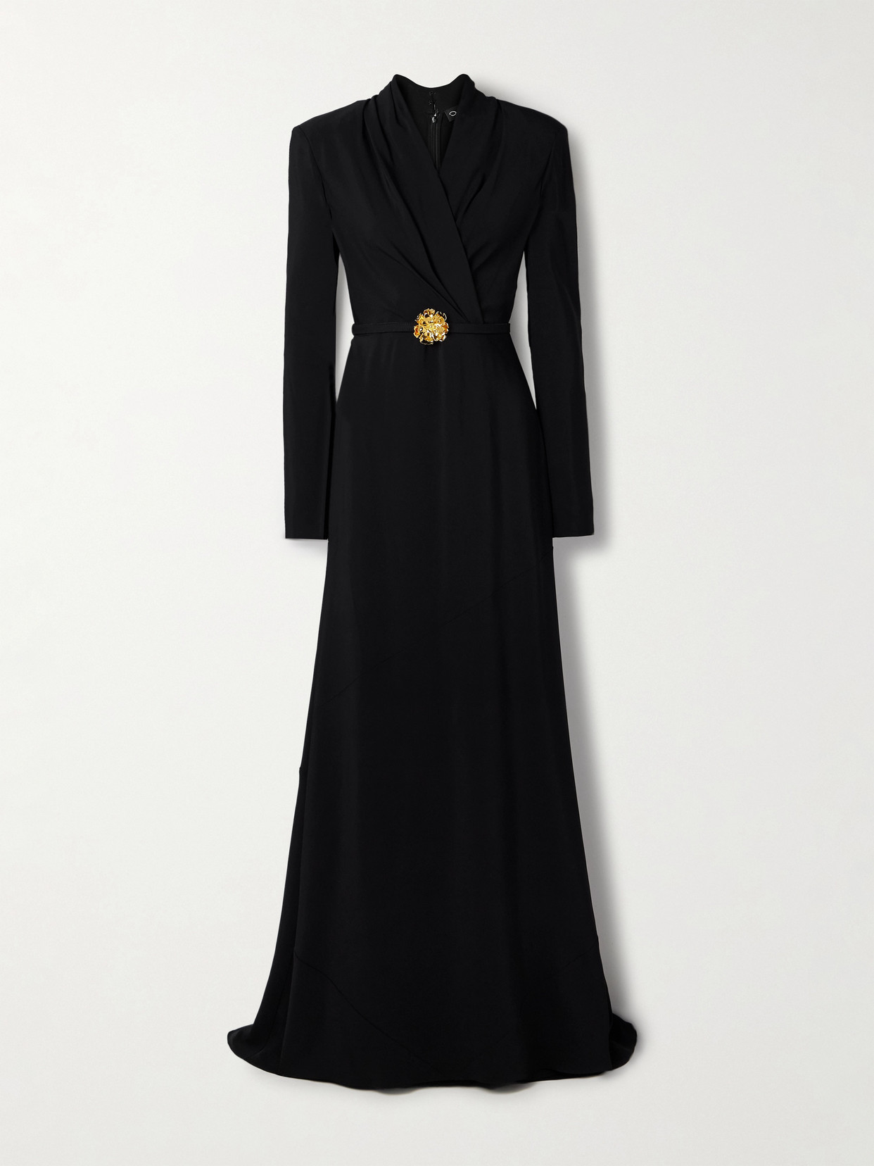 Oscar De La Renta Wrap-effect Embellished Belted Crepe Gown In Black