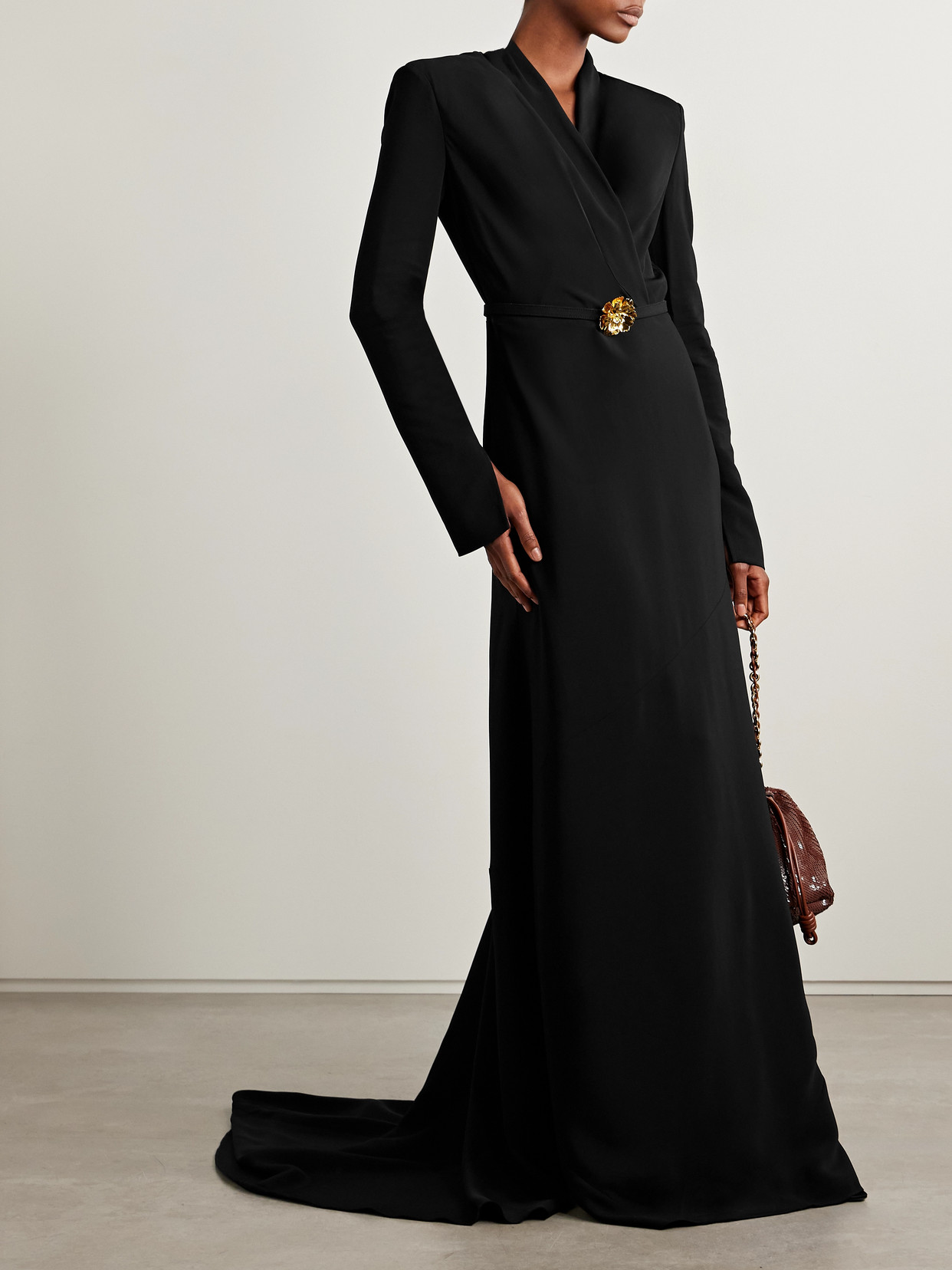 Oscar De La Renta Wrap-effect Embellished Belted Crepe Gown In Black