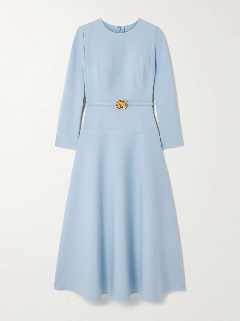 Oscar de la Renta Embellished Belted Wool-blend Midi Dress