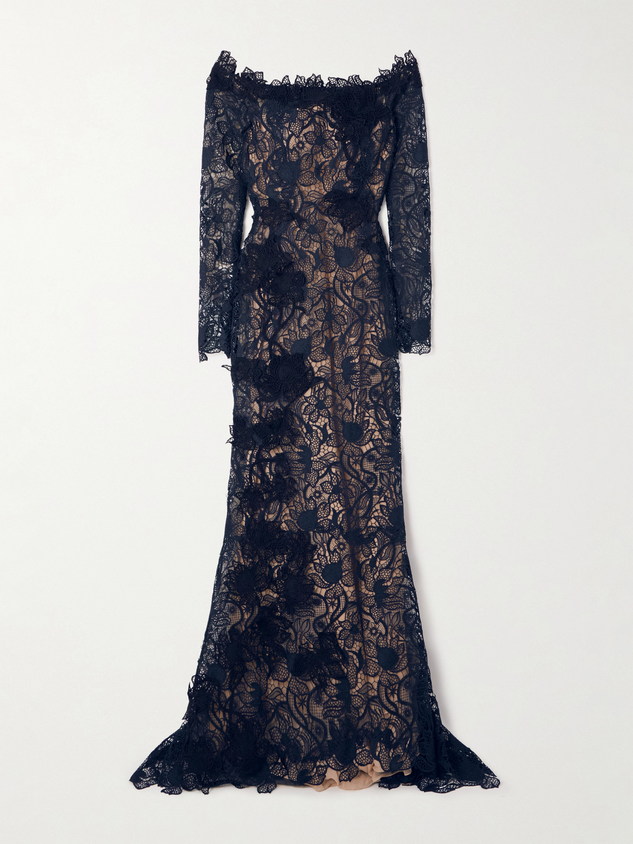 Oscar De La Renta Off-the-shoulder Appliquéd Guipure Lace Gown In Blue