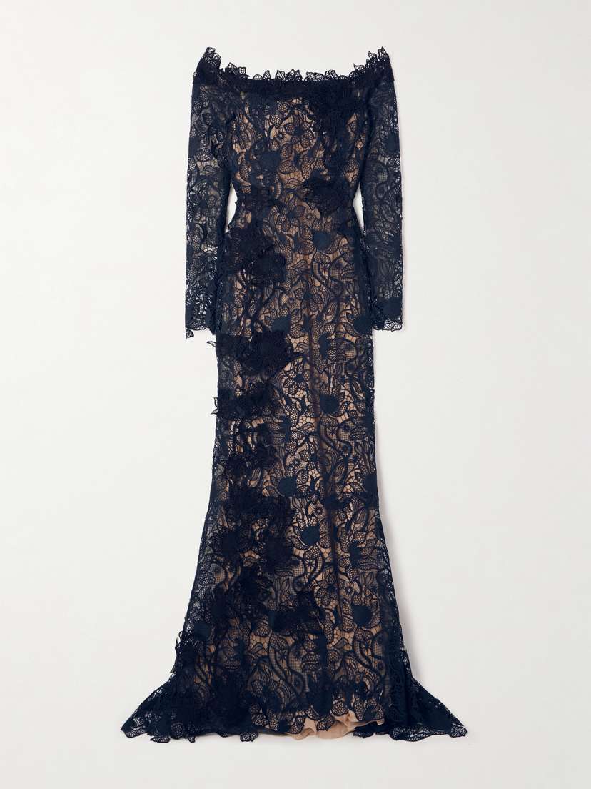 Oscar de la Renta Off-the-shoulder Appliquéd Guipure Lace Gown