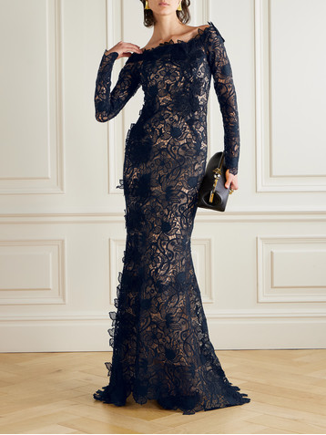 Oscar de la Renta Off-the-shoulder appliquéd guipure lace gown