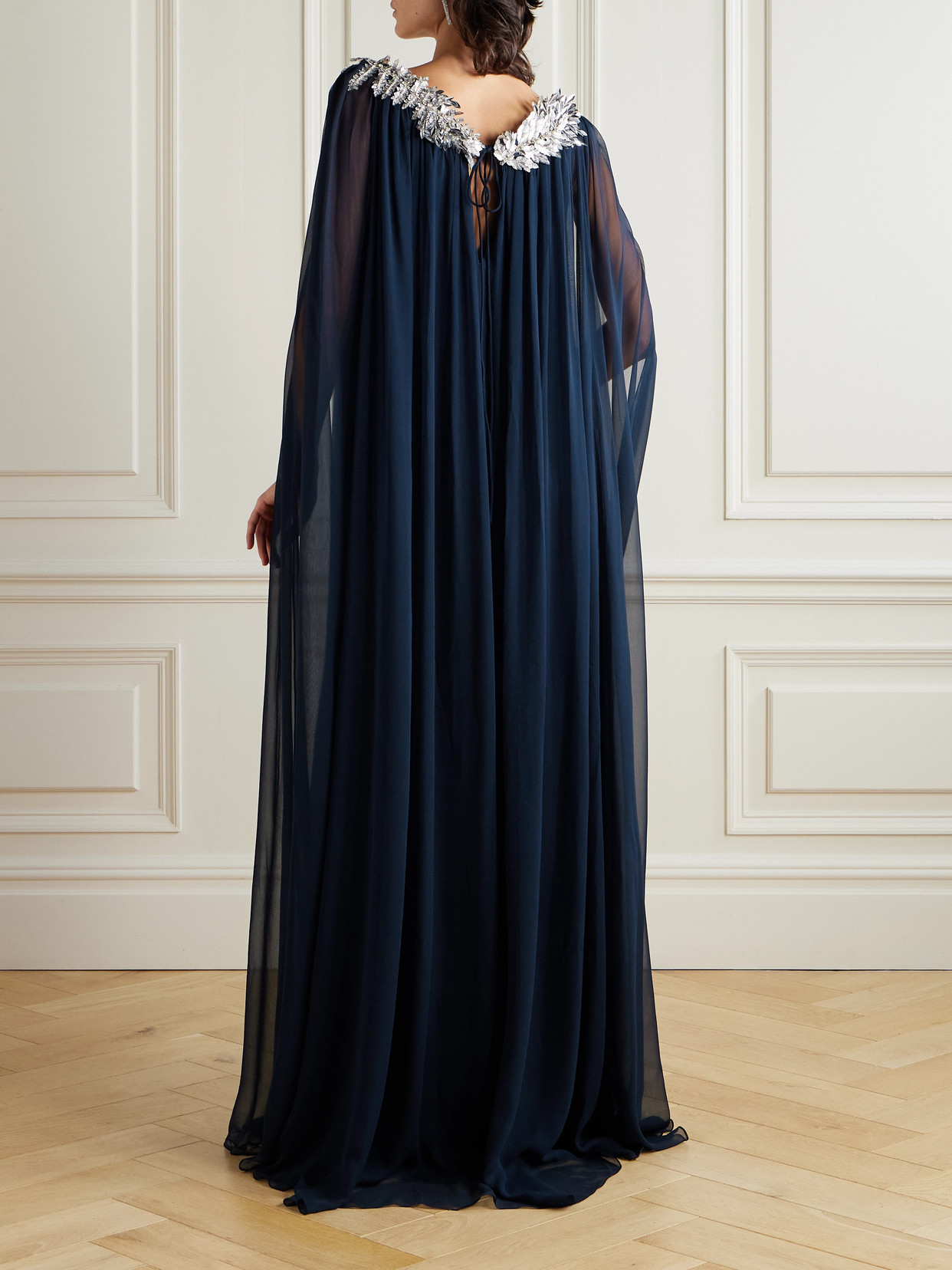 Oscar De La Renta Cape-effect Embellished Silk-chiffon Gown In Blue