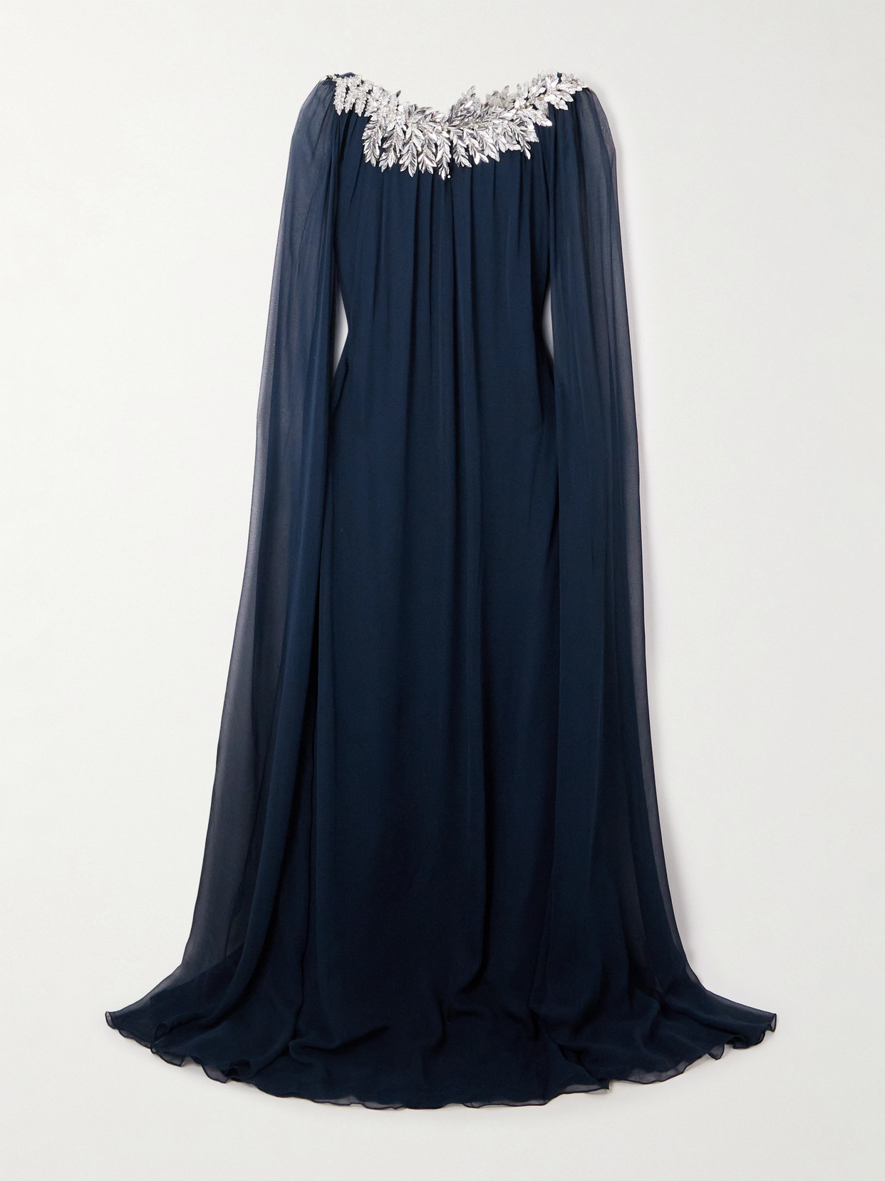 Oscar De La Renta Cape-effect Embellished Silk-chiffon Gown In Blue