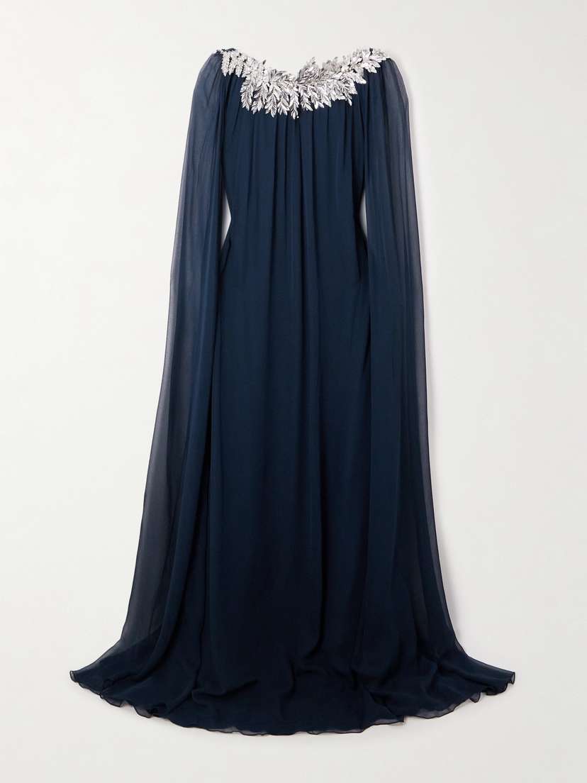 Oscar de la Renta Cape-effect Embellished Silk-chiffon Gown