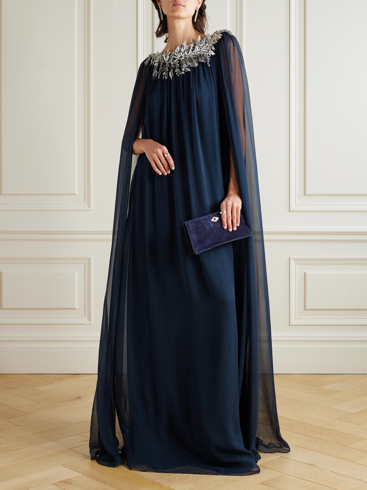Oscar De La Renta Cape-effect Embellished Silk-chiffon Gown In Blue
