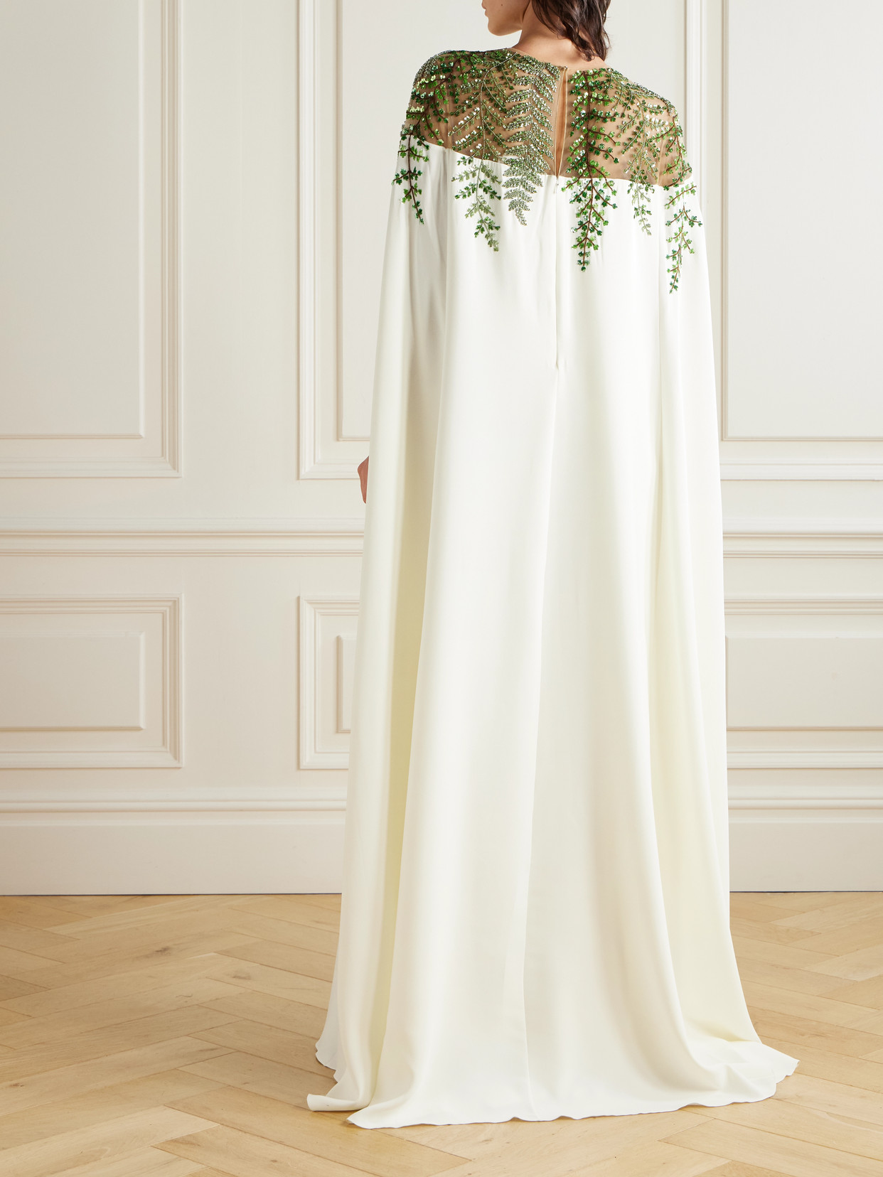 Oscar De La Renta Cape-effect Embellished Silk-blend Crepe And Organza Gown In White