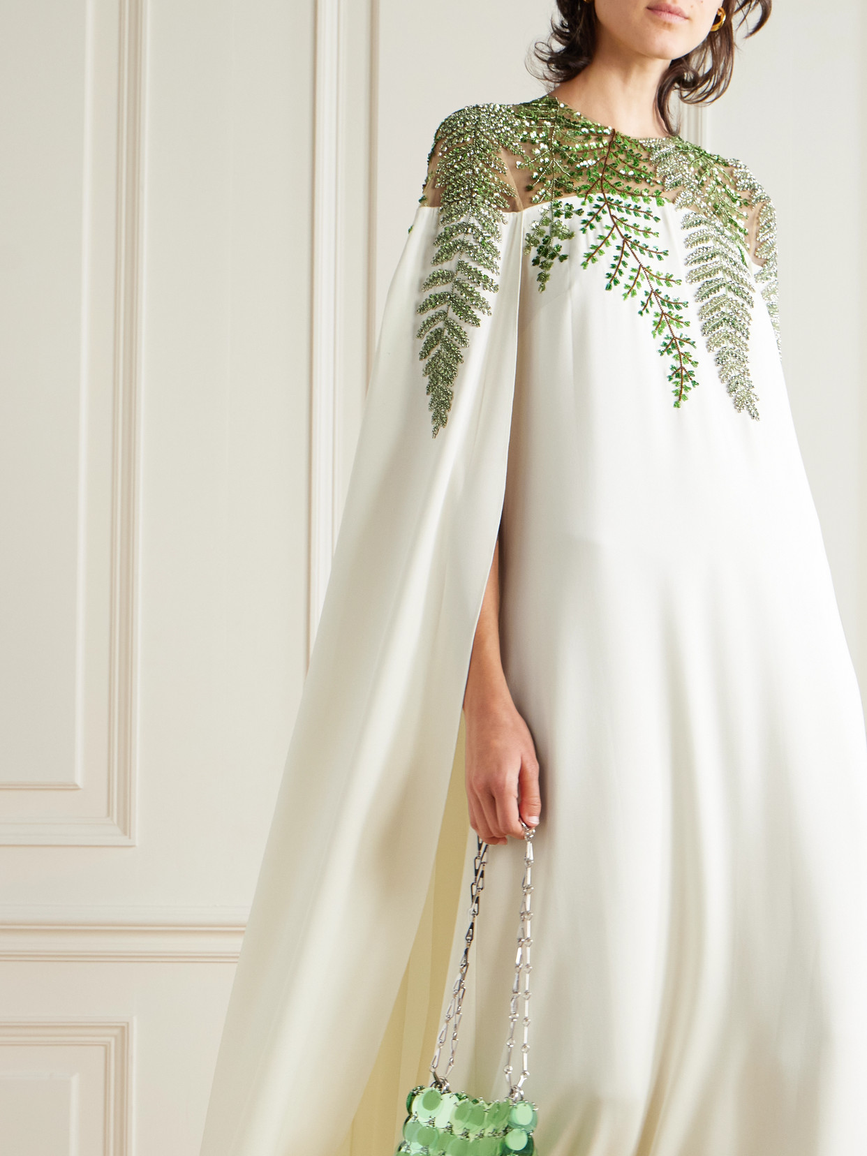 Oscar De La Renta Cape-effect Embellished Silk-blend Crepe And Organza Gown In White