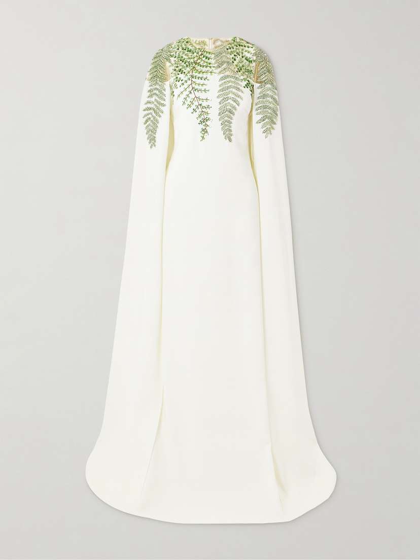 Oscar de la Renta Cape-effect Embellished Silk-blend Crepe And Organza Gown